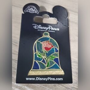 Disney Pin Beauty & The Beast Multicolor Stained Glass Rose Gold Trim Lt…